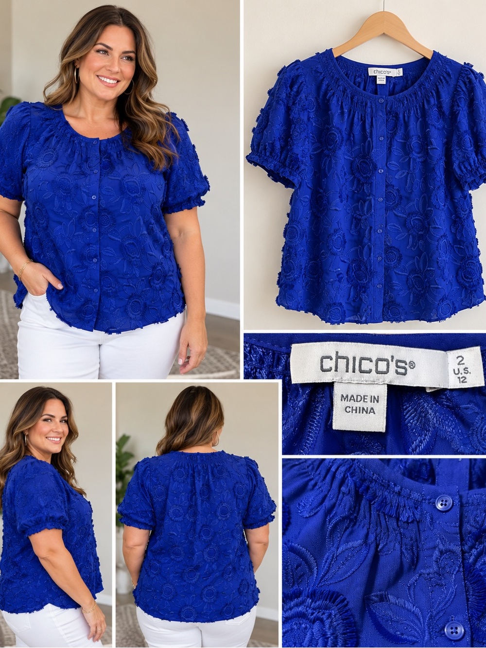 Chico's Cobalt Blue Floral Embroidered Button-Front Blouse